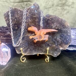 Vintage dino necklace with clear quartz on 21” metal chain, unique gift